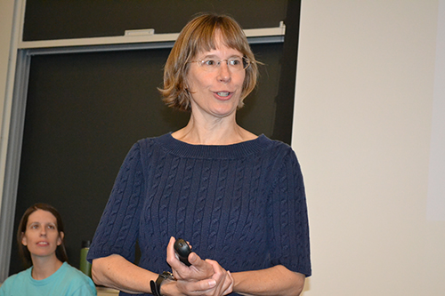 During the first morning of WIE Orientation, Dean Sue Larson shares a creative talk comparing college to  hiking (you come prepared, you'll encounter highs and lows, you must embrace the challenges, etc.).