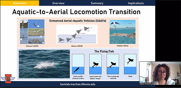 MechSE grad student Valeria Saro-Cortes, who works in Professor Aimy Wissa's Bio-inspired Adaptive Morphology (BAM) lab, presents her research, which is motivated by the development of an Unmanned Aerial-Aquatic Vehicle capable of locomotion in both water and air. It's bio-inspired by a flying fish, a creature capable of transitioning seamlessly from high-maneuverability aquatic locomotion to long-distance aerial travel.