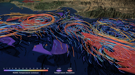 This image  taken from AVL's visualzation of Monterey Bay done for the Navy shows temperature differences the the water.