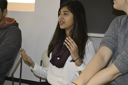 Bioengineering junior Noshin Nawar, responds to a question during the student panel.