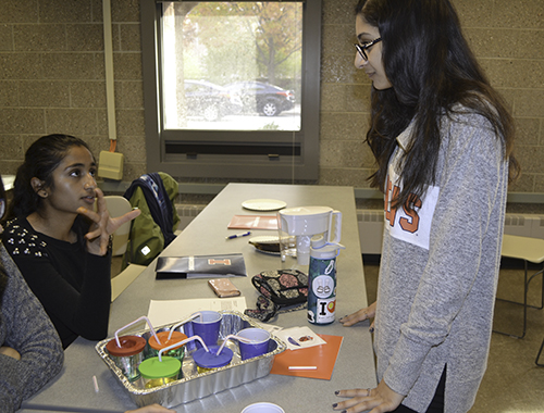 An Illinois Bioengineering freshman Sabeen Rahman (right) interacts with a  'Bioengineer Your Impact' participant during the heart hands-on activity.