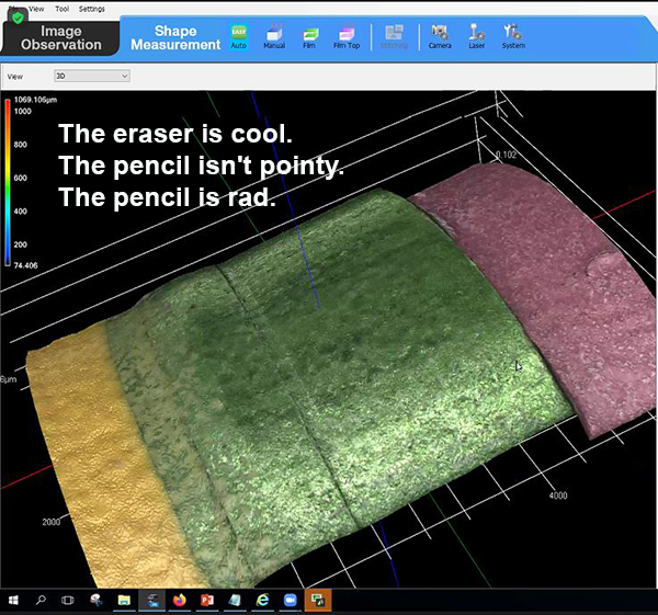 A seventh grader's haiku aptly describes the images of a pencil Kathy Walsh produced via her 3D optical profiler—rad!